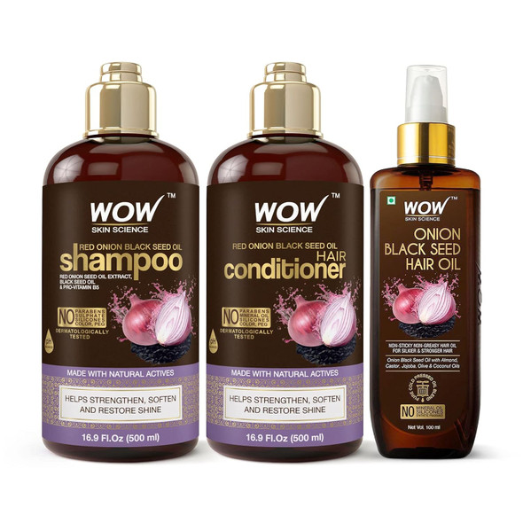 Wow Skin Science Onion Black Seed Oil Shampoo & Conditioner Treatment Set With Oil For Strong Soft & Shine Hair For All Dry Damaged Hair Types Sulfate Paraben Silicone Free
