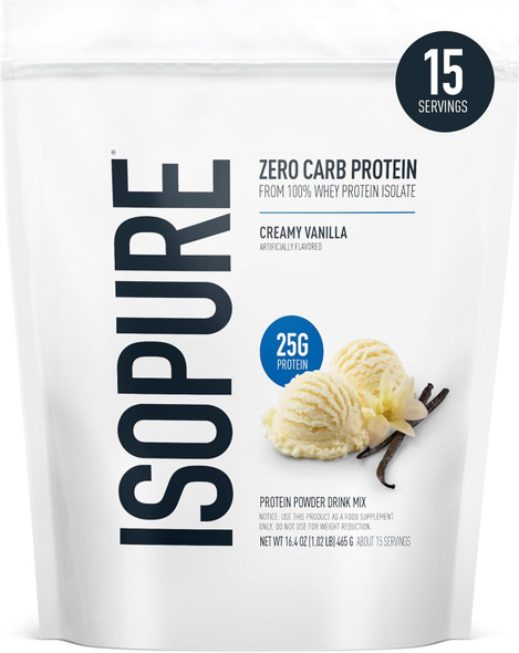 Isopure Zero Carb 100% Pure Whey Isolate Protein Powder Lactose Free Gluten Free with Vitamins Creamy Vanilla 25g Protein Per Serving 1 Lb 15 Servings