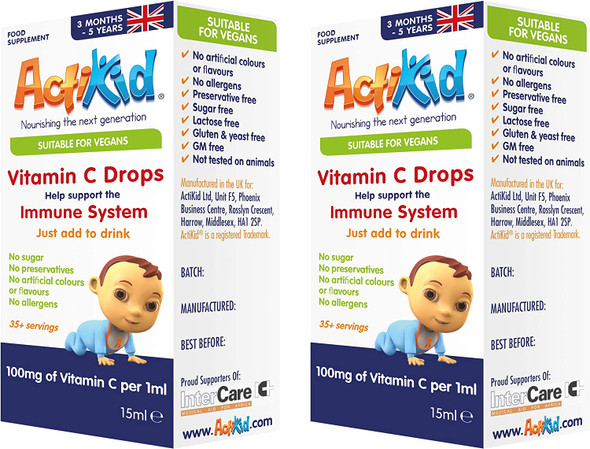 2 Pack ActiKid Vitamin C Drops 100mg per 1ml - 15ml for Infants and Children | Vegan | Sugar Free | Preservative Free | No Allergens | Baby | Vitamin C Supplement | Immune System Booster