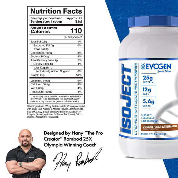 Evogen Isoject - Whey Protein Isolate | Ultra-Pure Whey Protein Powder with Ignitor Enzymes BCAAs and EAAs | Enhanced Absorption & Recovery | Chocolate Peanut Butter Banana | 25 Servings