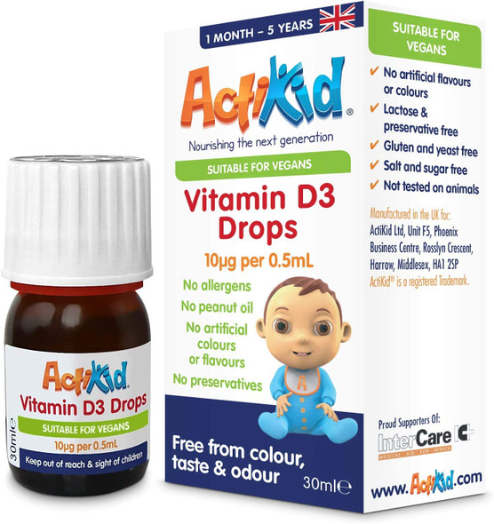 ActiKid Vitamin D3 Drops 30ml for Newborn Babies, Infants and Children, (a Vegan, Sugar Free, Preservative Free, no Allergens, Baby, Vitamin D Supplement) - Immunity Boost