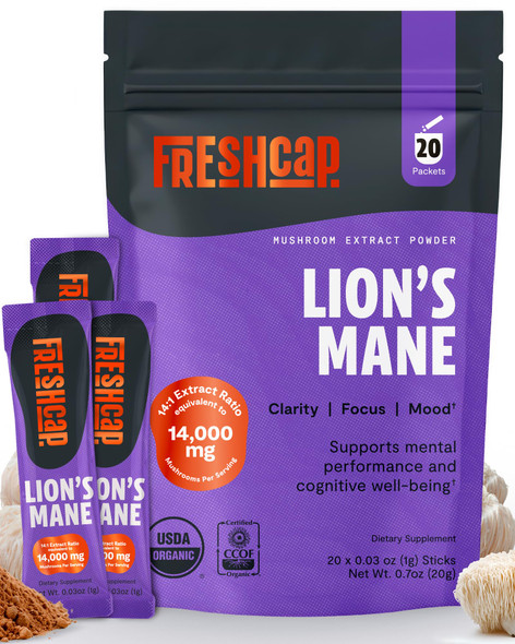 FreshCap Lions Mane Powder 14,000 mg - Lion's Mane Mushroom Powder, 31% Beta-Glucans Nootropic Lions Mane Extract High Potency 14:1 for Memory, Focus & Clarity - Brain & Cognitive Support (20 Sticks)