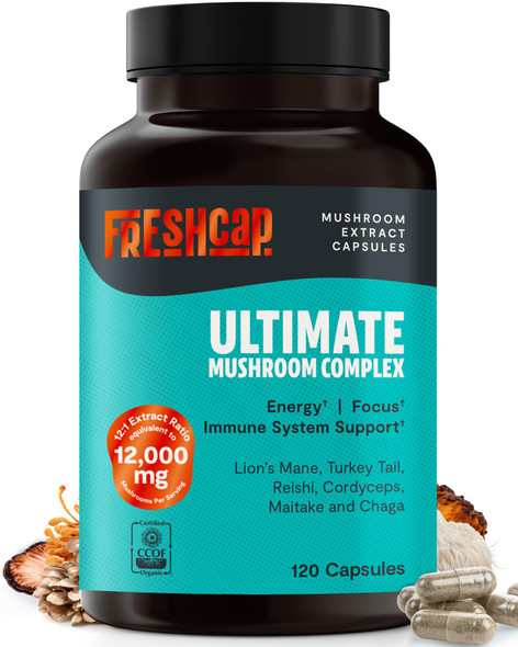 FreshCap Mushrooms Premium Organic Ultimate Mushroom Supplement - 12:1 Fruiting Body Extract with 29% Beta-Glucans - 3rd-Party Tested Nootropic for Energy, Focus & Immune Support (120 Capsules)