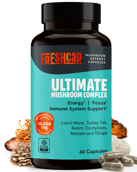 FreshCap Organic Mushroom Capsules Supplement - Fruiting Body Extract (Ultimate Mushroom Complex, 60 Capsules)