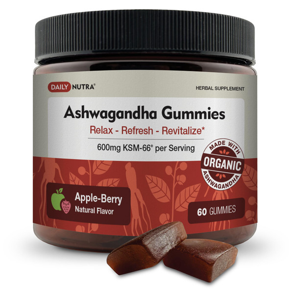 KSM-66 Ashwagandha Gummies - 600mg Organic Root Extract per Serving - Delicious Natural Apple-Berry Flavor | Supports Relaxation Focus & Energy (60 Gummies)