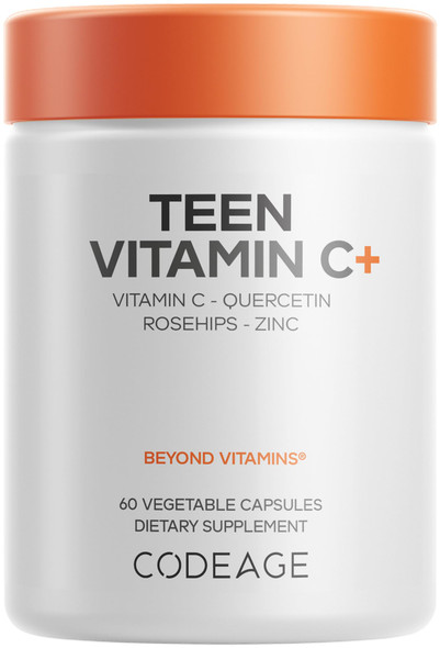 Codeage Teen Vitamin C+ Supplement - Liposomal 250mg Vitamin C for Teenagers - Quercetin Zinc Elderberry & Rosehip Extracts Citrus Bioflavonoids - Ages 12-18 - Gluten-Free Non-GMO - 60 Capsules
