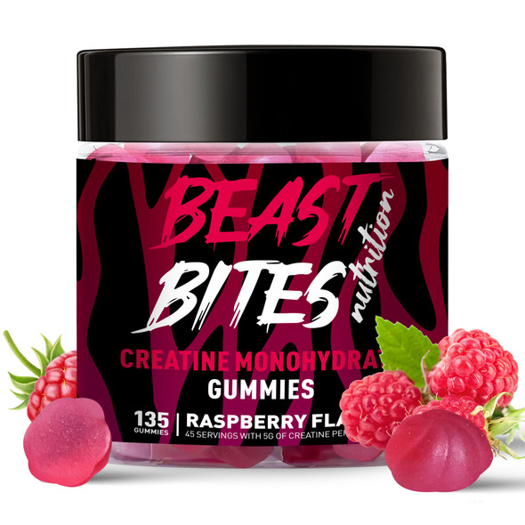 BEAST BITES Nutrition Creatine Monohydrate Gummies for Men & Women - 5g of Creatine Monohydrate per Serving - Sugar Free,Vegan, Raspberry Flavor, 135 Count (45 Servings)