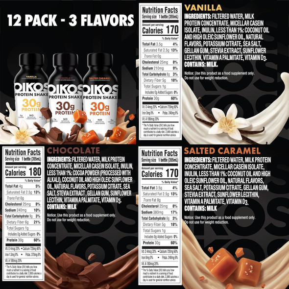 Oikos Protein Shake, Exclusive Variety Pack, 30g High Protein Drinks, Shelf Stable, Ready to Drink, 5g Prebiotic Fiber, 12 fl oz Bottle (4 ct Chocolate, 4 ct Vanilla, 4 ct Salted Caramel)