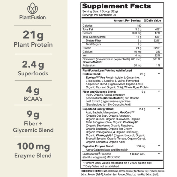 PlantFusion Complete Lean Plant Based Protein Powder - Prebiotic Fiber Superfoods & Digestive Enzymes - Vegan Gluten Free Soy Free Non-GMO - Chocolate Brownie 1.85 lb