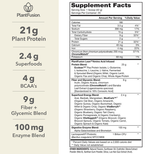 PlantFusion Complete Lean Plant Based Protein Powder - Prebiotic Fiber Superfoods & Digestive Enzymes - Vegan Gluten Free Soy Free Non-GMO - Vanilla 1.85 lb