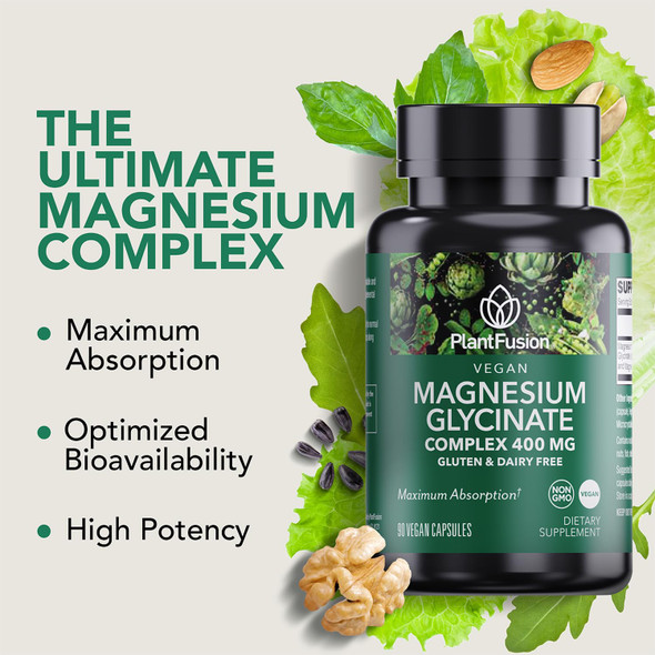 PlantFusion Vegan Magnesium Glycinate Complex 400 mg - High Absorption & Bioavailability - Chelated - Supports Muscle Relaxation Sleep Cardio Health Stress Relief and Energy Production - Non GMO