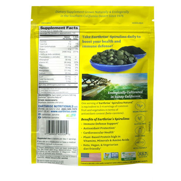 Earthrise Spirulina Pure Californian Spirulina 500 mg Vegan Gluten Free Keto Friendly Non -GMO Super Food high in Vitamins & Minerals. 1 LB Tablets (150 Serving)