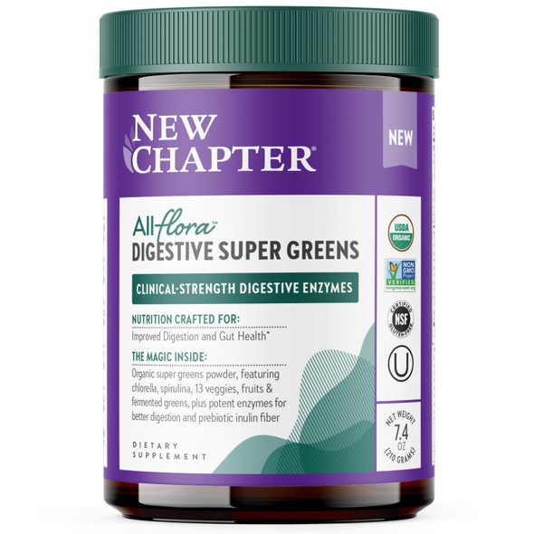 New Chapter All-Flora Digestive Super Greens Powder for Gut Health - Clinical-Strength Digestive Enzymes + USDA Organic Chlorella Spirulina Fermented Greens – Delicious & 100% Vegan 30 Servings