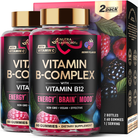 NUTRAHARMONY Vitamin B-Complex Gummies for Women & Men - Vitamin B12, B1, B2, B3, B5, B6, B7 & B9 - B Complex with Vitamin C & Choline - Energy, Brain & Mood - Natural Berry Flavor, Vegan - 60 Gummies 2 Pack