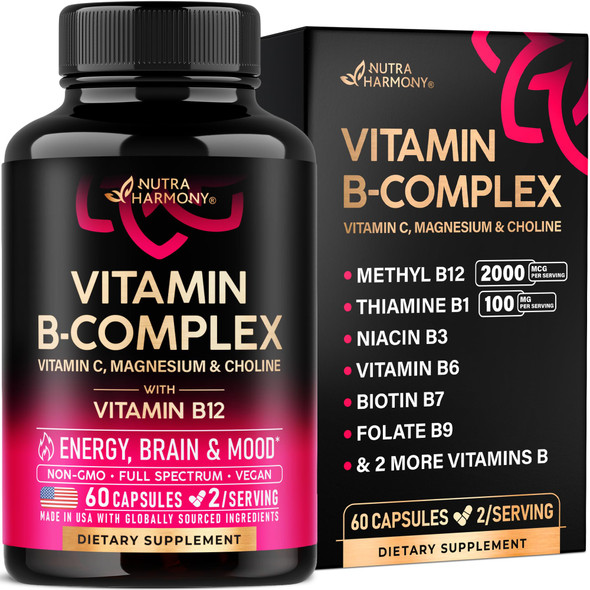 NUTRAHARMONY Vitamin B Complex for Men & Women - Riboflavin B2, B12, B1, B3, B5, B6, B7, B8, B9 | Vitamin C, Choline, Inositol - B-Complex Supplement - Energy, Brain & Heart Support - Made in USA, 60 Vegan Caps