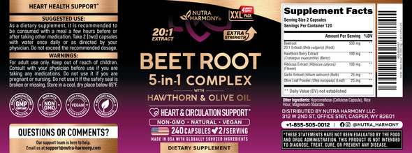 NUTRAHARMONY Beet Root 5-in-1 Complex Capsules - Healthy Blood Pressure Support Supplement** for Heart & Circulation Support - with Hawthorn Berry, Hibiscus & Garlic - for Men & Women - Made in USA, 240 Capsules