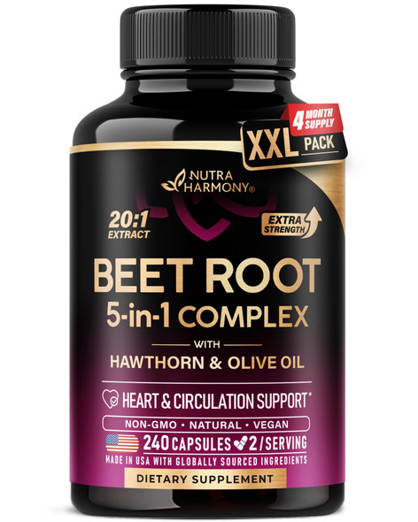 NUTRAHARMONY Beet Root 5-in-1 Complex Capsules - Healthy Blood Pressure Support Supplement** for Heart & Circulation Support - with Hawthorn Berry, Hibiscus & Garlic - for Men & Women - Made in USA, 240 Capsules