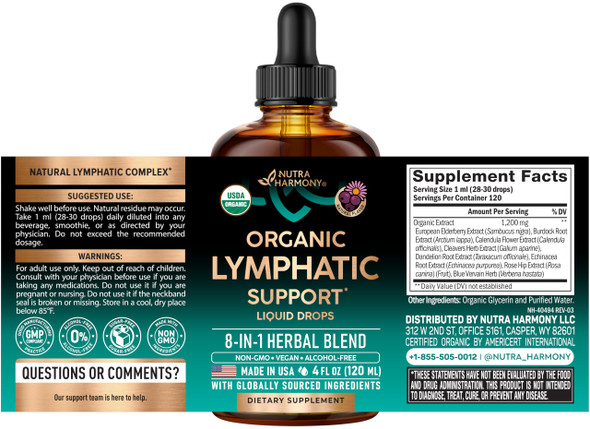USDA Organic Lymphatic Drainage Supplement - Echinacea | Elderberry | Dandelion | Rosehip | Cleavers | Calendula | Burdock - Made in USA - Lymph System Drops - Immune Support, Cleanse & Detox, 4 fl oz