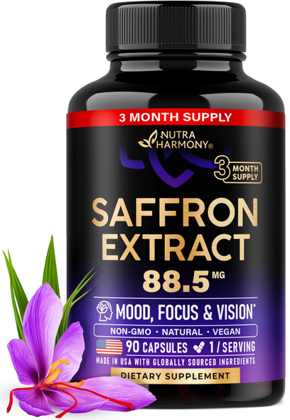 NUTRAHARMONY Natural Saffron Supplements - Pure Saffron Extract 88.5 mg - Made in USA - Mood | Focus | Vision | Energy Support - Eye Health for Women & Men - NonGMO Vegan Pills - 90 Powder Capsules, 3 Month Supply