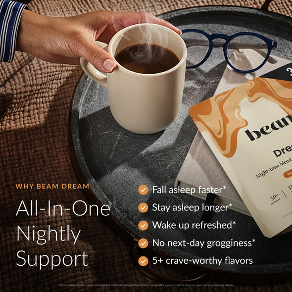 Beam Dream Sleep Powder – Sleep Aid for Adults with Melatonin Magnesium L-Theanine Reishi Mushroom & Apigenin Sleep Supplement Sleepy Cocoa Bedtime Drink Mix Sea Salt Caramel Flavor 30 Servings