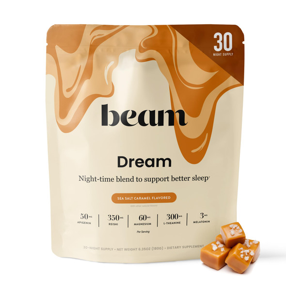 Beam Dream Sleep Powder – Sleep Aid for Adults with Melatonin Magnesium L-Theanine Reishi Mushroom & Apigenin Sleep Supplement Sleepy Cocoa Bedtime Drink Mix Sea Salt Caramel Flavor 30 Servings