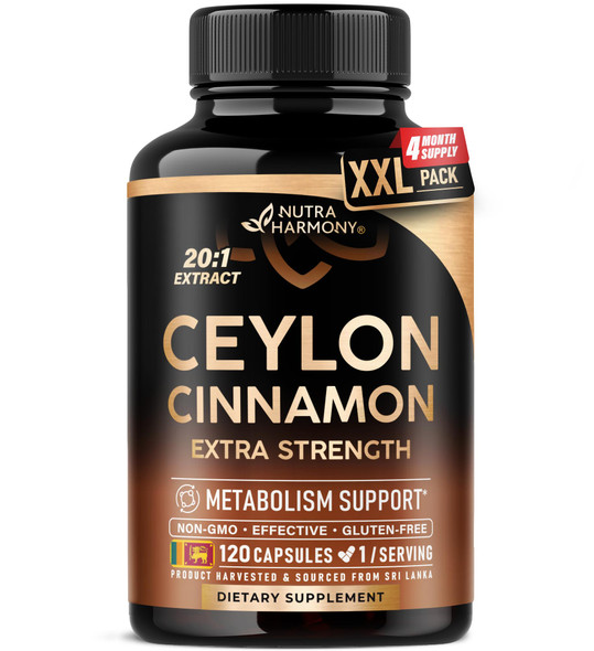 NUTRAHARMONY Ceylon Cinnamon Capsules - Extra Strength - Energy, Heart & Metabolism Support - for Men & Women - Pure Natural Extract 20:1 Supplement - Made in USA - GMO & Gluten Free, 120 Capsules, 4 Month Supply