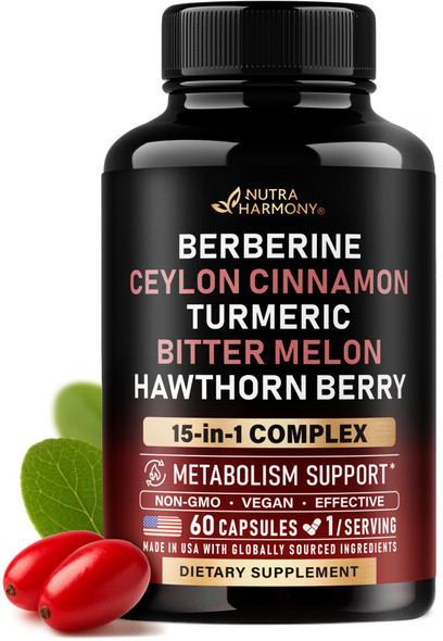 NUTRAHARMONY Berberine with Ceylon Cinnamon | Bitter Melon (Karela) | Apple Cider Vinegar | Hawthorn Berry | Citrus Bergamot | Turmeric - 15-in-1 Supplement for Heart Support, Metabolism & Energy - 60 Capsules