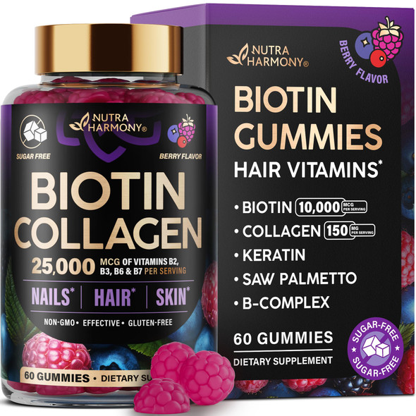 NUTRAHARMONY Biotin Gummies with Collagen - Hair Growth Support Skin, & Nail Strength - for Women & Men - Biotin 10000mcg | Keratin | Hyaluronic Acid | B-Complex | Saw Palmetto - Sugar-Free, Mixed Berry - 60 Gummy