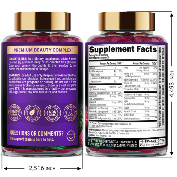 NUTRAHARMONY Biotin Gummies with Collagen - Hair Growth Support Skin, & Nail Strength - for Women & Men - Biotin 10000mcg | Keratin | Hyaluronic Acid | B-Complex | Saw Palmetto - Sugar-Free, Mixed Berry - 60 Gummy