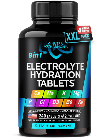 NUTRAHARMONY Electrolytes - Electrolyte Tablets with Magnesium, Sodium, Potassium, Chloride, Vitamins D3 & B6, Kelp Powder - Salt Pills - Made in USA - Oral Tablets as Capsules - Vegan & Keto Friendly - 240 Tabs