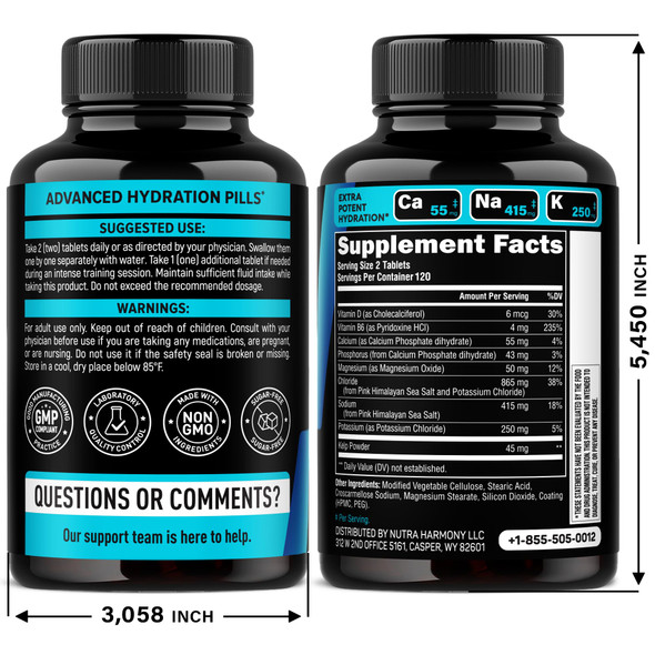 NUTRAHARMONY Electrolytes - Electrolyte Tablets with Magnesium, Sodium, Potassium, Chloride, Vitamins D3 & B6, Kelp Powder - Salt Pills - Made in USA - Oral Tablets as Capsules - Vegan & Keto Friendly - 240 Tabs