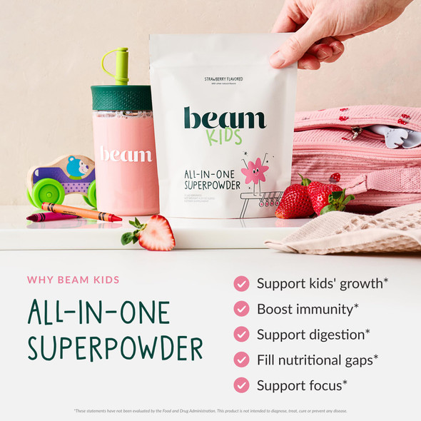 Beam Kids Multivitamin Powder – Kids Vitamins with Greens Probiotic & Prebiotic Immune Support for Children & Toddlers No Artificial Sweeteners for Picky Eaters 20 Servings Strawberry Flavor