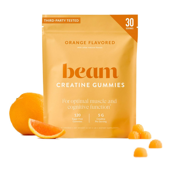 Beam Creatine Gummies – Creatine Monohydrate Gummies with 5g Creatine Sugar Free Muscle Strength & Workout Recovery Support Creatine Gummies for Women and Men Orange Flavor Vegan 30 Servings