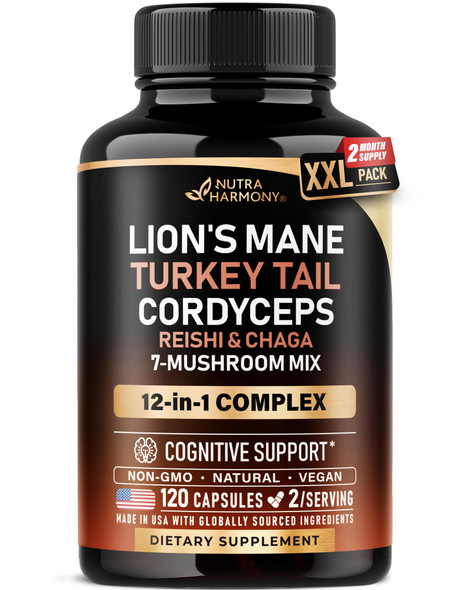 NUTRAHARMONY Mushroom Supplement - Organic Lions Mane | Turkey Tail | Chaga | Cordyceps | Reishi | Maitake | Shiitake | Meshima | Tremella | Oyster | Agaricus - Made in USA - Non GMO, Gluten Free - 120 Capsules