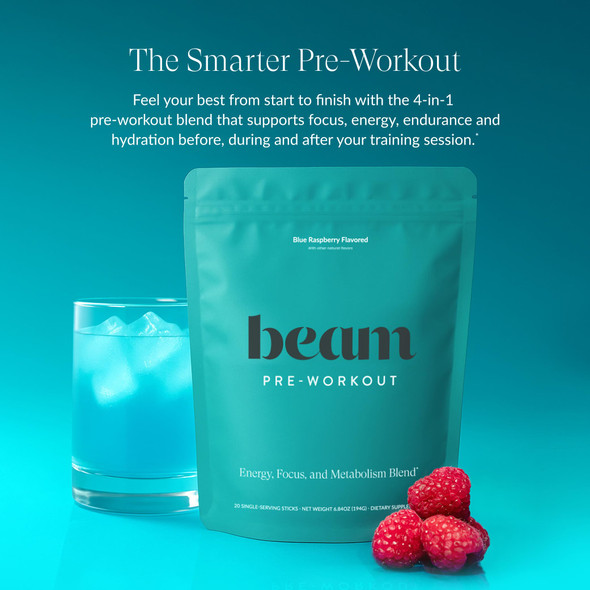 Beam Pre Workout Powder – Pre Workout Supplement with Organic Caffeine 350 mg Electrolytes & Nootropic Focus Support No Sugar Pre Workout for Women & Men Blue Raspberry Flavor 20 Servings