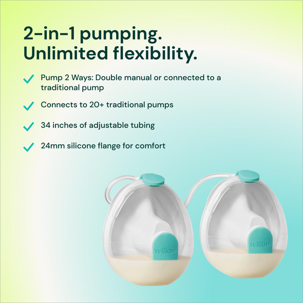 Willow Wave Wearable Double Manual Breast Pump Fits Fully in Bra - Ergonomic Handle - Wearable Breastfeeding Pump - Hospital Grade Suction Postpartum Essentials Holds 5oz per Cup