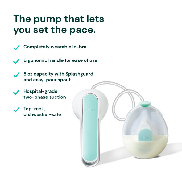 Willow Wave - Wearable Manual Breast Pump - Fits Fully in Bra - Ergonomic Handle - 24mm Soft Silicone Flange - Wearable Breastfeeding Pump - Hospital Grade Suction - Postpartum Essentials - Holds 5oz