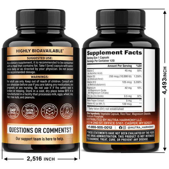 NUTRAHARMONY Vitamin D3 K2 - Vitamin D3 10000 iu & K2 as MK-7 120 mcg - Immune & Mood Support, for Bone & Teeth Health - with Magnesium, Zinc & Vitamin C & B12 - Highly Bioavailable - Made in USA, 120 Capsules