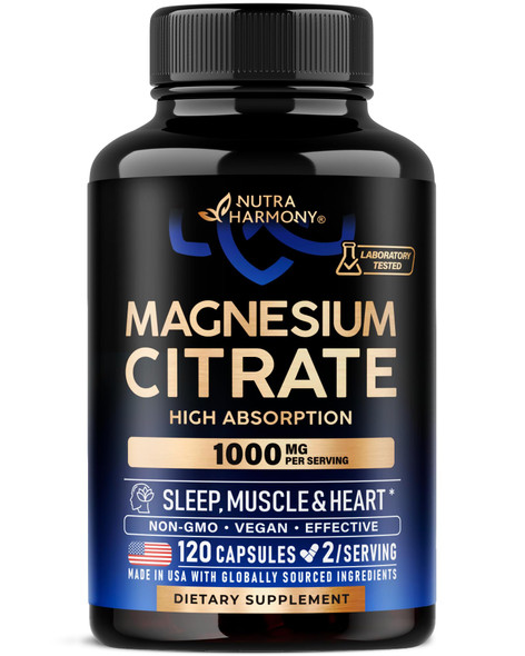 NUTRAHARMONY Magnesium Citrate Capsules 1000mg | High Absorption Supplement - Sleep, Muscle & Heart Support - Vegan | Non-GMO - Made in USA - As Powder | Pills | Tablets - 120 Capsules, 2 Month Supply