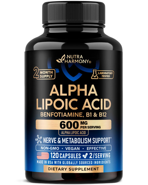NUTRAHARMONY Alpha Lipoic Acid 600mg - ALA Supplement Antioxidant for Nerve, Energy & Metabolism Support - Extra Strength with Benfotiamine, B1 & B12 - Lab Tested, NON-GMO & Vegan - 120 Capsules, 2 Month Supply