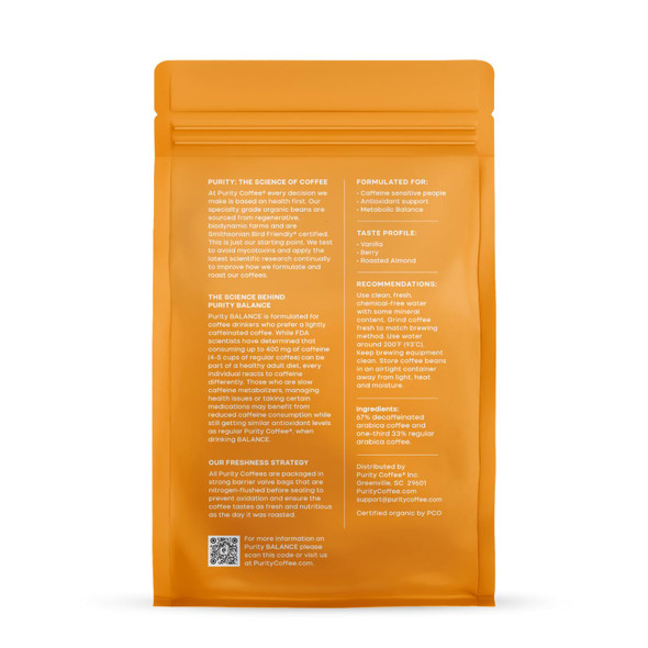 Purity Coffee BALANCE 2/3 Decaf Medium Roast Whole Bean (12oz Bag) | Specialty-Grade USDA Organic Mountain Water Decaffeinated + Arabica Blend | Third Party Tested for Mold Mycotoxins & Pesticides