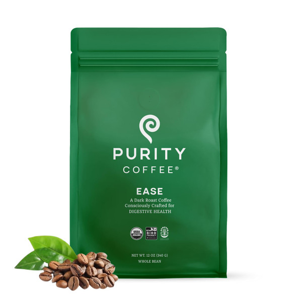 Purity Coffee EASE Low Acid Dark Roast Whole Bean (12oz Bag) | Specialty-Grade USDA Organic Arabica Blend | Third Party Tested for Mold Mycotoxins & Pesticides