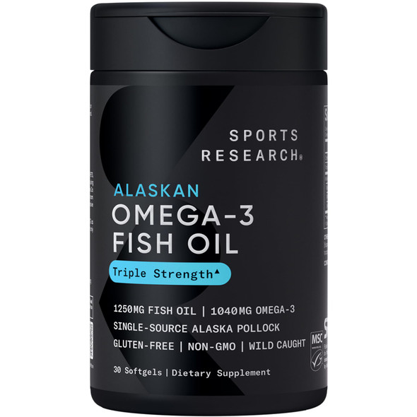 Sports Research Triple Strength Omega 3 Fish Oil 1250mg from Wild Alaskan Pollock - Burpless Fish Oil Supplement with Omega-3 EPA & DHA - Sustainably Sourced  Non-GMO Gluten Free - 30 Softgels
