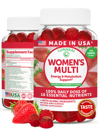 Lunakai USA Made Womens Multivitamin Gummies - Delicious Daily Dose with 16 Multi Vitamins for Women - Energy & Immune Support Non-GMO 60 Ct