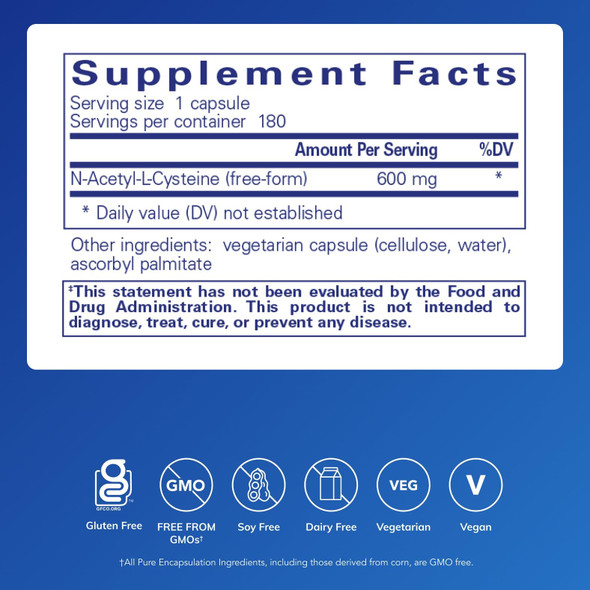 Pure Encapsulations NAC 600 mg - N-Acetyl Cysteine NAC Supplement for Lung Health & Immune Support Liver Support & Antioxidants - with Freeform N-Acetyl-L-Cysteine - 180 Capsules