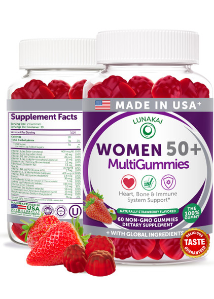 Lunakai USA Made 50 Plus Women's Multivitamin Gummies - Delicious Formula Enhanced with Essential Vitamins & Minerals for Health & Vitality - 60ct
