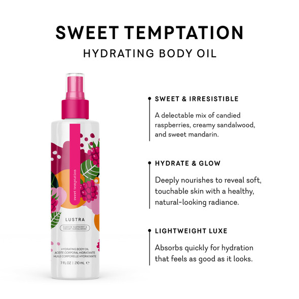 Pure Romance Lustra Hydrating Body Oil - Non-Greasy After Shower Moisturizer for Dry Skin - Infused with Jojoba and Argan Oils - Mist on With Convenient Spray Bottle 7 Fl Oz Sweet Temptation