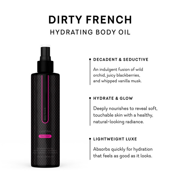 Pure Romance Lustra Hydrating Body Oil Dirty French Scent 7 fl oz Coconut Jojoba Avocado Oils for Moisturized Skin