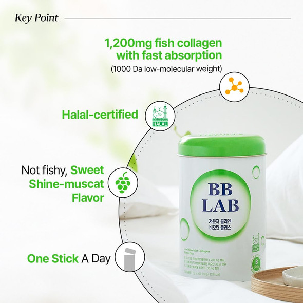 BB LAB Low Molecular Collagen Biotin Plus Halal Collagen Powder Supplement  Korean Marine Collagen Fish Collagen Peptides Biotin Vitamin C Fast Absorption Shine Muscat Flavor