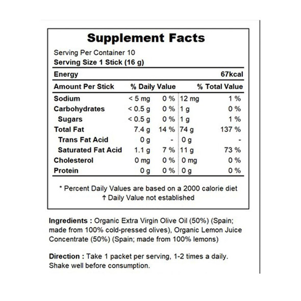 BB LAB Organic Olive & Lemon Dual Shot 50:50 Ratio Cold-Pressed Extra Virgin Olive Oil & NFC Lemon Juice 16g*10 Sticks